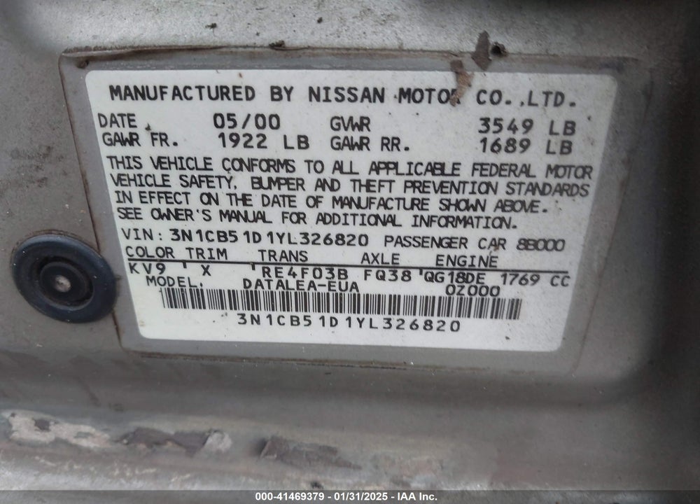 2000 NISSAN SENTRA GXE/XE VIN: 3N1CB51D1YL326820