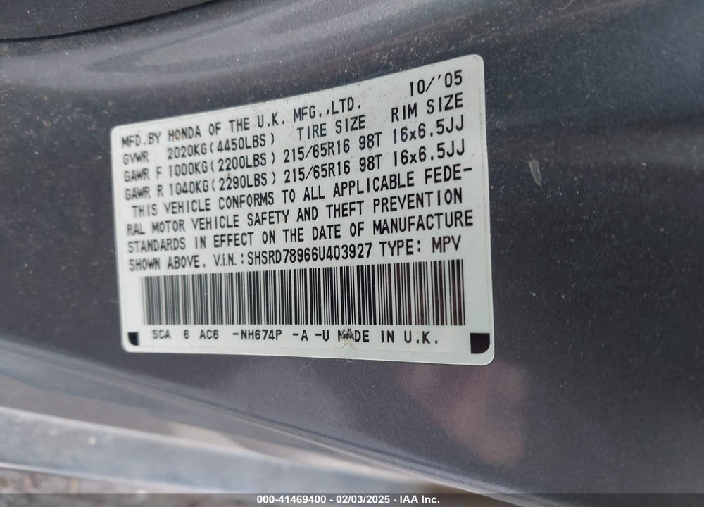 2006 HONDA CR-V SE VIN: SHSRD78966U403927