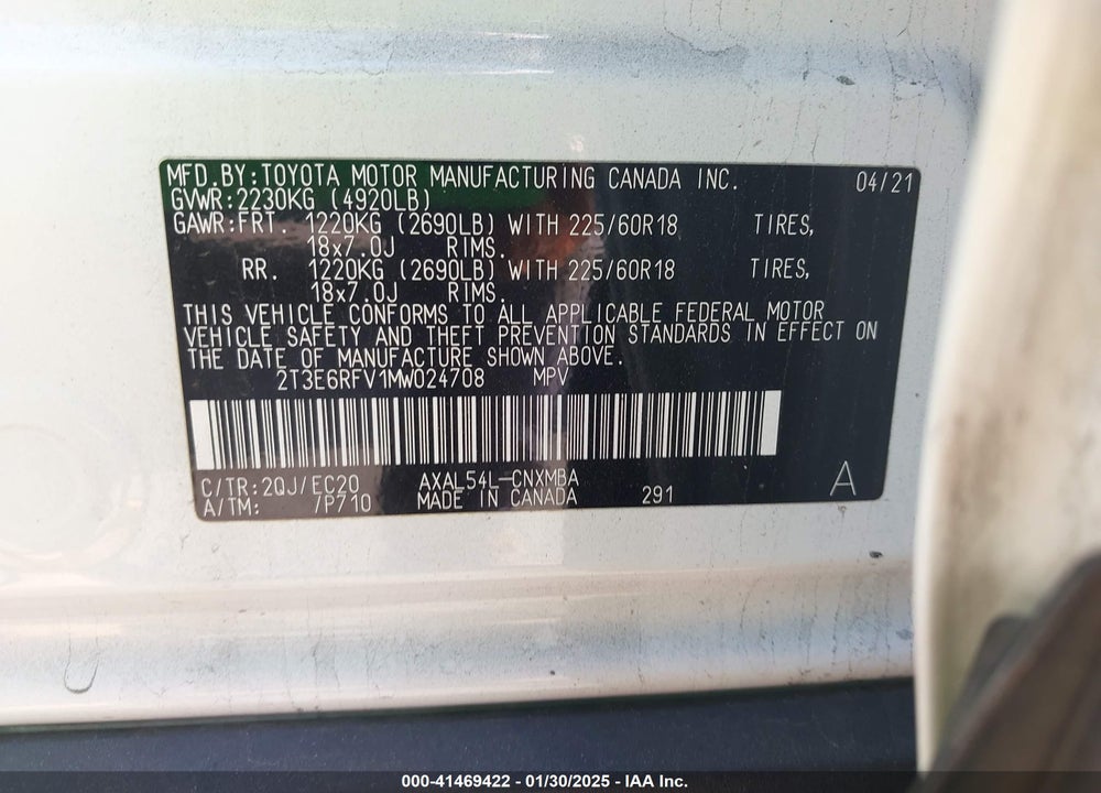 2021 TOYOTA RAV4 HYBRID VIN: 2T3E6RFV1MW024708