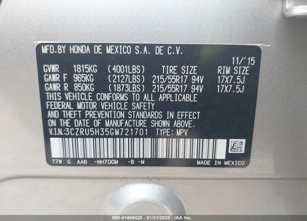 2016 HONDA HR-V VIN: 3CZRU5H35GM721701