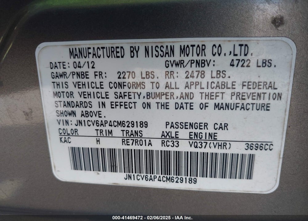 2012 INFINITI G37 VIN: JN1CV6AP4CM629189