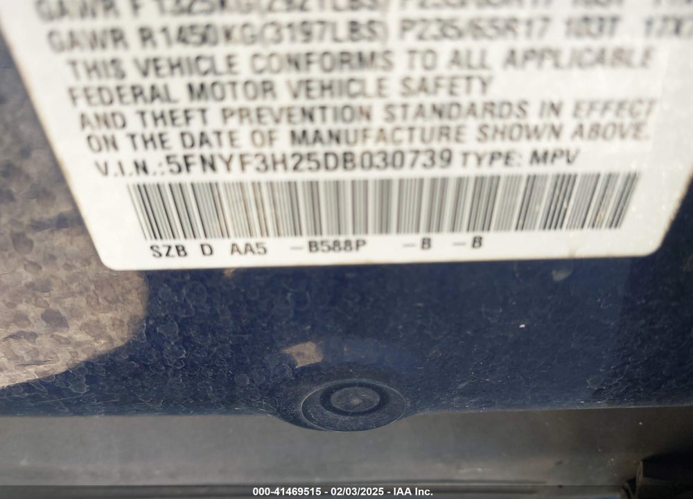 2013 HONDA PILOT LX VIN: 5FNYF3H25DB030739