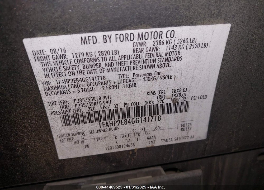 2016 FORD TAURUS VIN: 1FAHP2E84GG141718