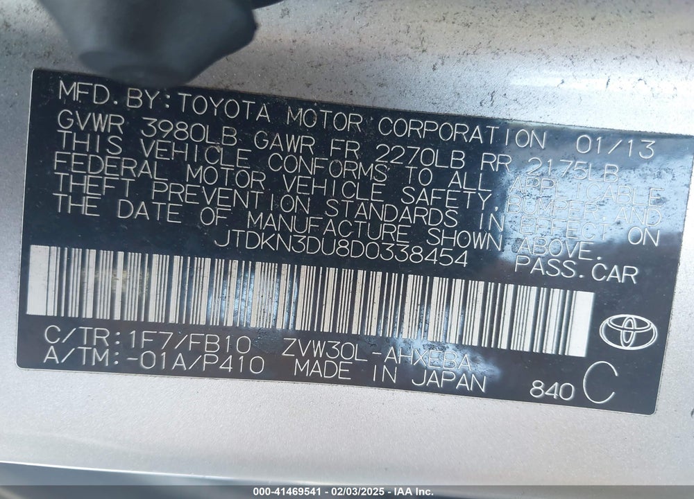 2013 TOYOTA PRIUS VIN: JTDKN3DU8D0338454