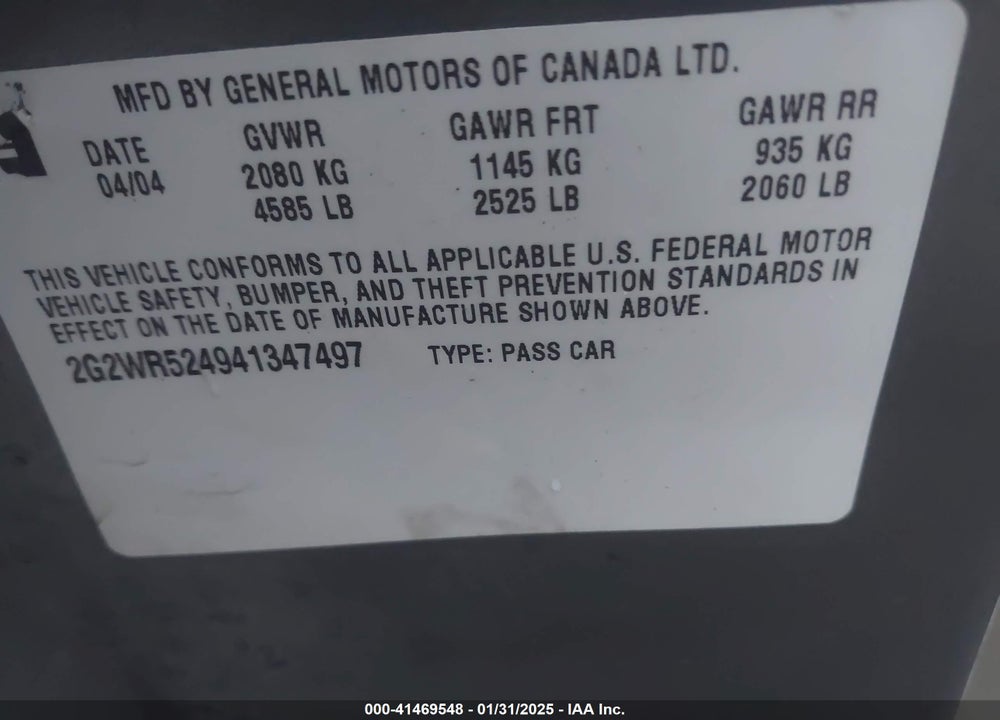 2004 PONTIAC GRAND PRIX VIN: 2G2WR524941347497