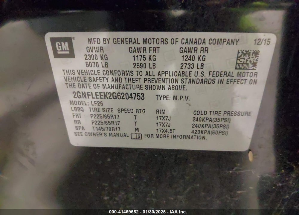 2016 CHEVROLET EQUINOX VIN: 2GNFLEEK2G6204753
