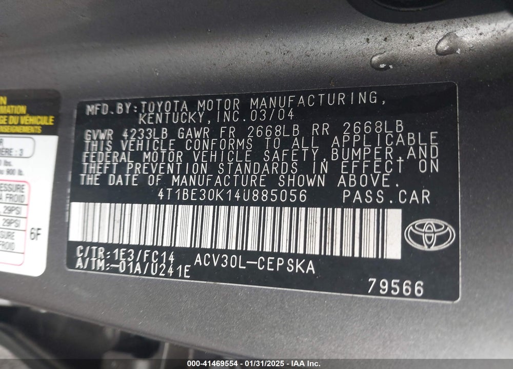 2004 TOYOTA CAMRY SE VIN: 4T1BE30K14U885056