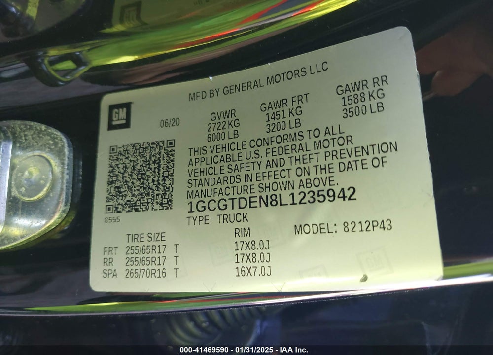 2020 CHEVROLET COLORADO VIN: 1GCGTDEN8L1235942