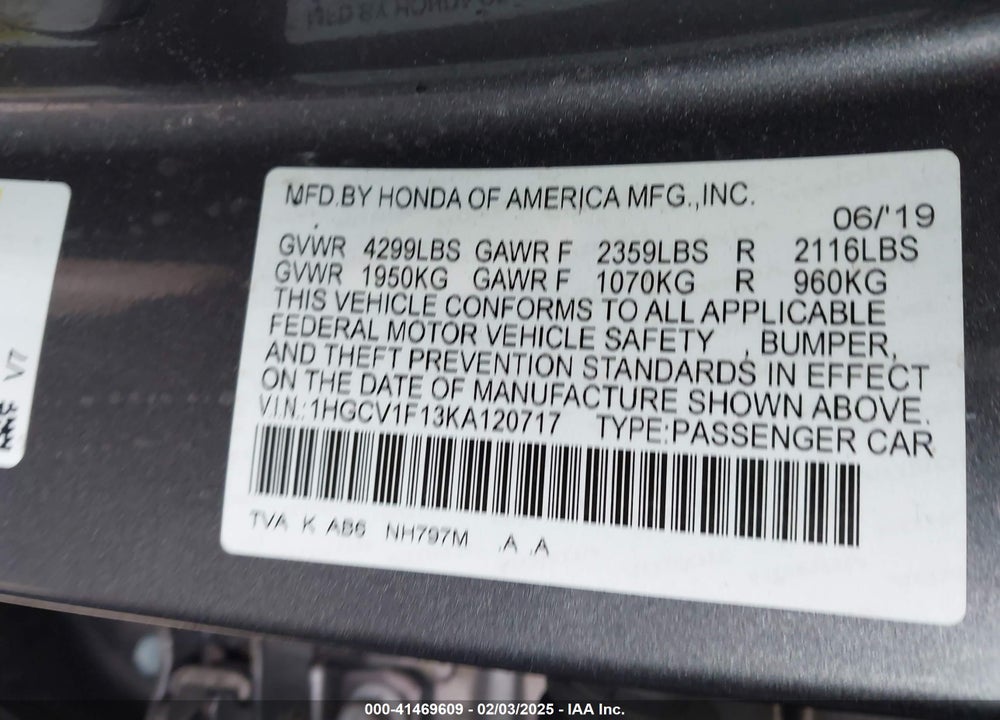 2019 HONDA ACCORD VIN: 1HGCV1F13KA120717