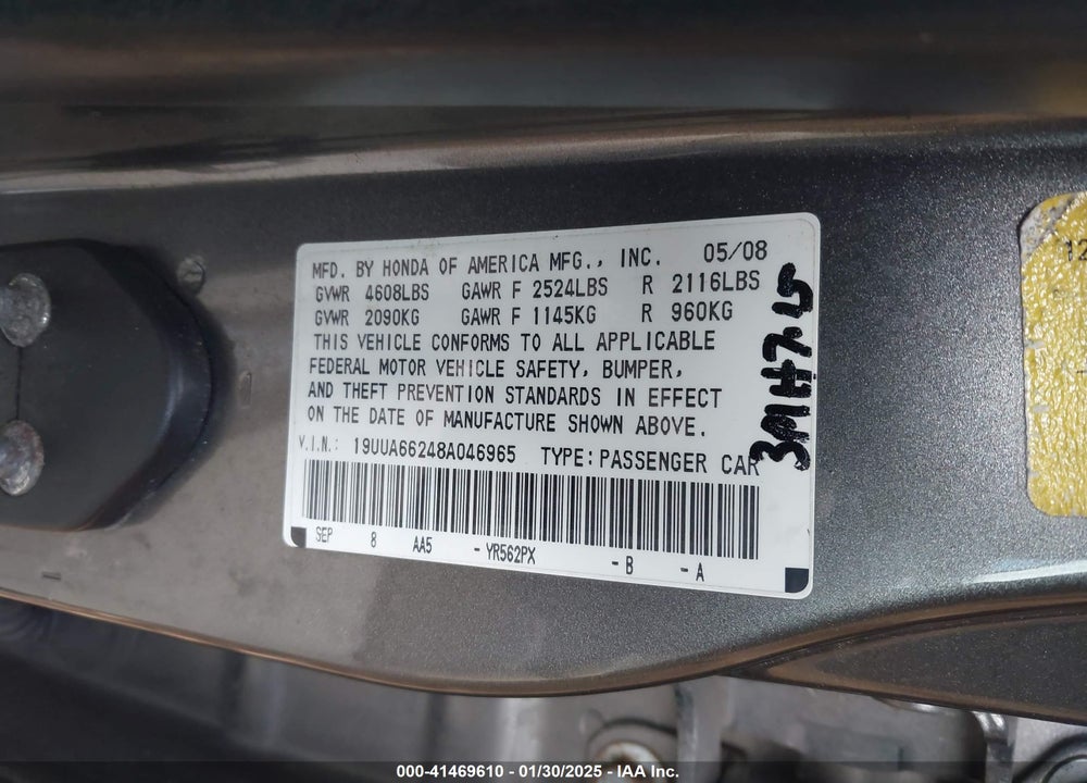 2008 ACURA TL VIN: 19UUA66248A046965