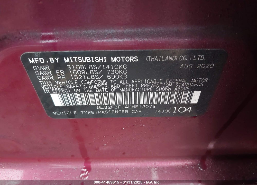 2020 MITSUBISHI MIRAGE G4 VIN: ML32F3FJ4LHF12073