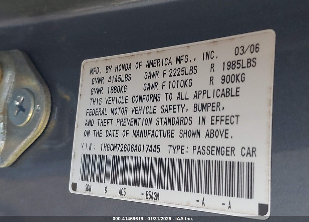 2006 HONDA ACCORD 2.4 EX VIN: 1HGCM72606A017445