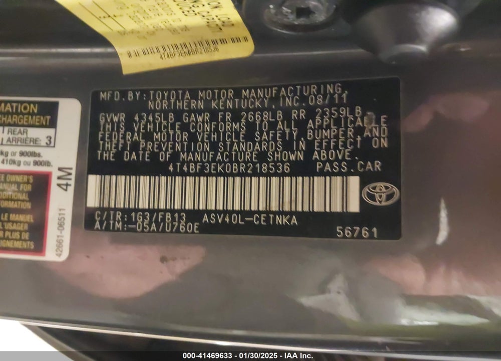 2011 TOYOTA CAMRY VIN: 4T4BF3EK0BR218536