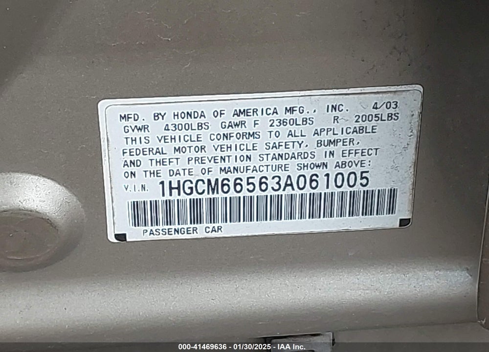 2003 HONDA ACCORD 3.0 EX VIN: 1HGCM66563A061005