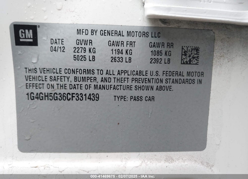 2012 BUICK LACROSSE VIN: 1G4GH5G36CF331439