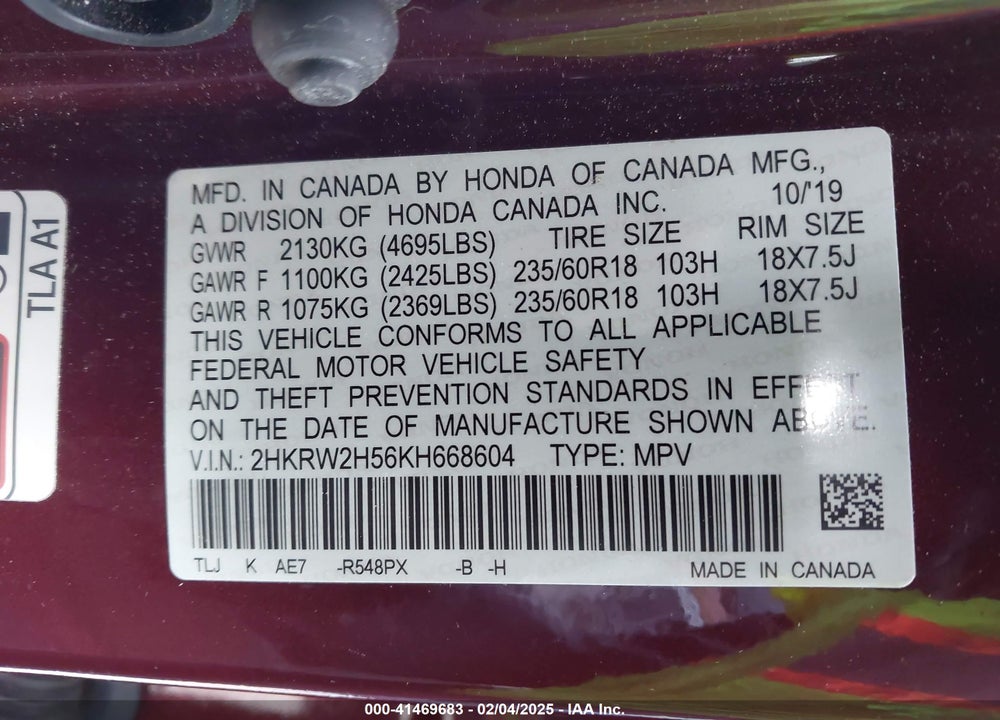 2019 HONDA CR-V VIN: 2HKRW2H56KH668604