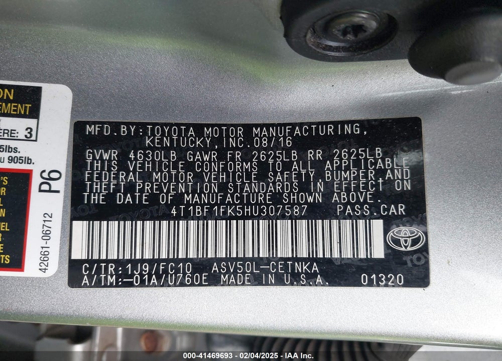 2017 TOYOTA CAMRY LE VIN: 4T1BF1FK5HU307587