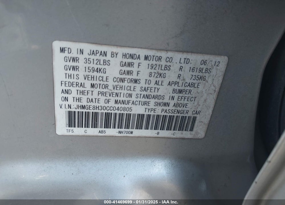 2012 HONDA FIT VIN: JHMGE8H30CC040805