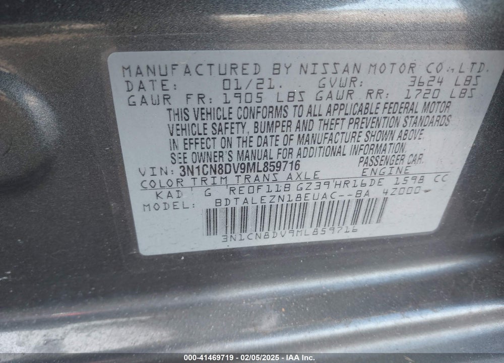 2021 NISSAN VERSA VIN: 3N1CN8DV9ML859716