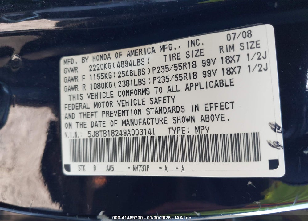 2009 ACURA RDX VIN: 5J8TB18249A003141