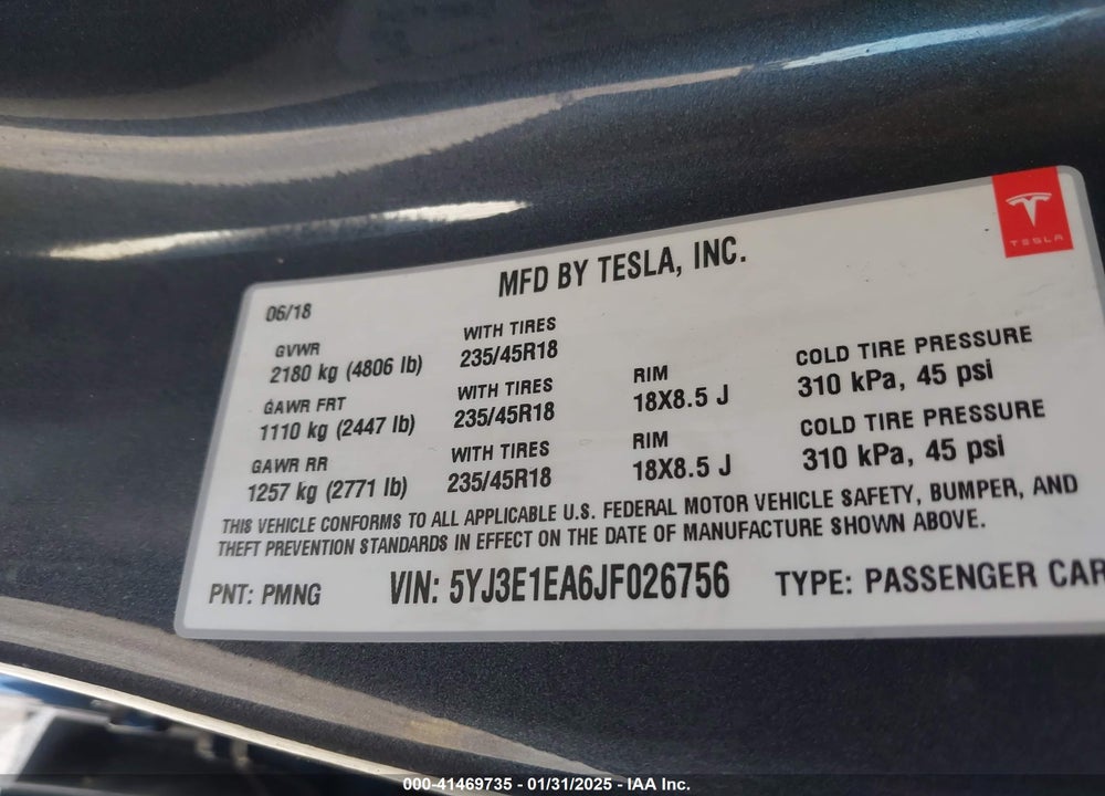 2018 TESLA MODEL 3 VIN: 5YJ3E1EA6JF026756