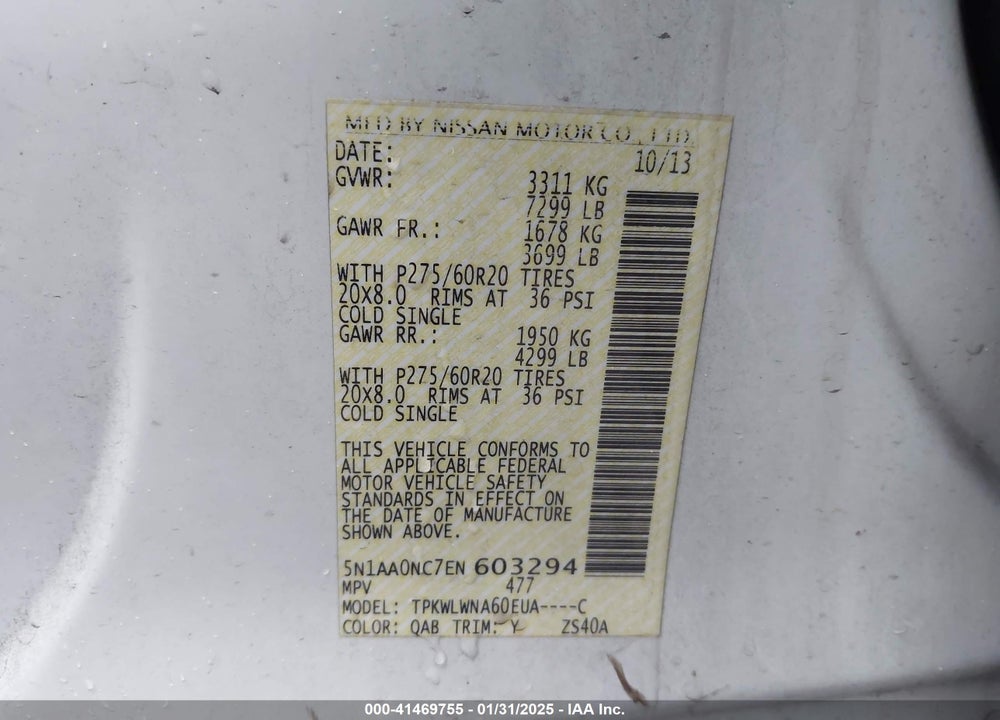 2014 NISSAN ARMADA PLATINUM VIN: 5N1AA0NC7EN603294
