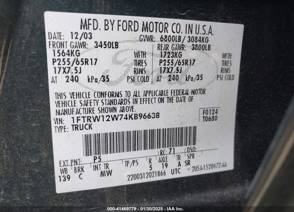 2004 FORD F-150 XLT VIN: 1FTRW12W74KB96638