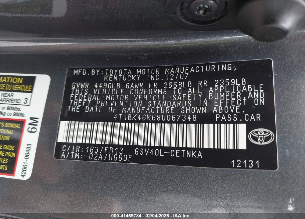 2008 TOYOTA CAMRY VIN: 4T1BK46K68U067348