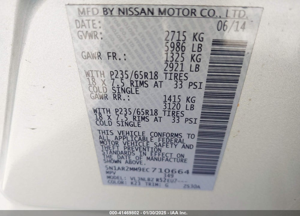 2014 NISSAN PATHFINDER S VIN: 5N1AR2MM9EC710664