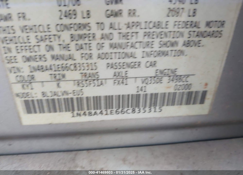 2006 NISSAN MAXIMA VIN: 1N4BA41E66C835315