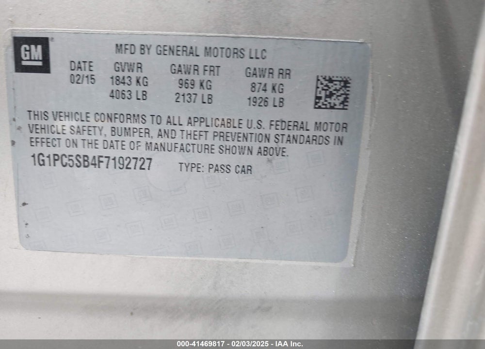 2015 CHEVROLET CRUZE VIN: 1G1PC5SB4F7192727