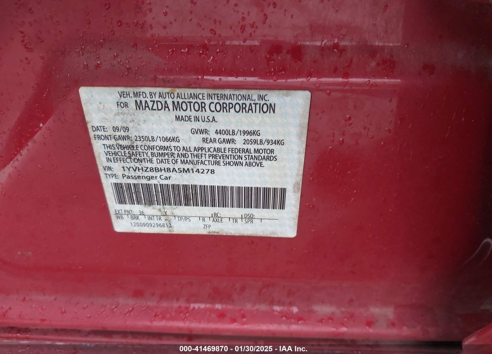 2010 MAZDA MAZDA6 VIN: 1YVHZ8BH8A5M14278