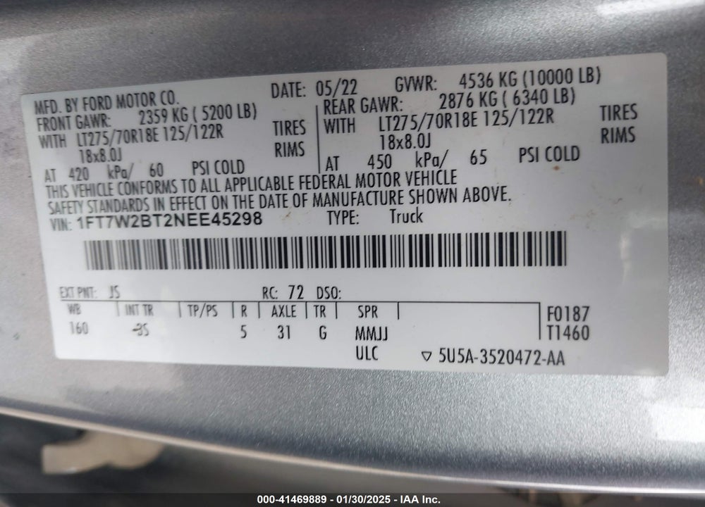 2022 FORD F-250 VIN: 1FT7W2BT2NEE45298