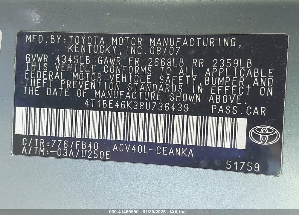 2008 TOYOTA CAMRY LE VIN: 4T1BE46K38U736439