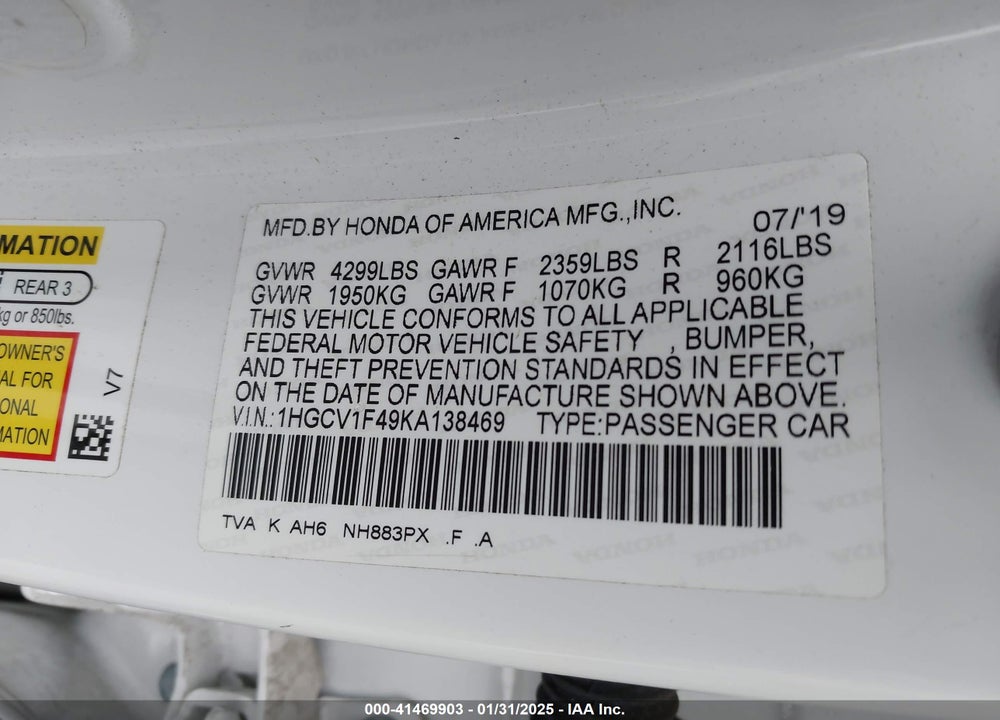 2019 HONDA ACCORD VIN: 1HGCV1F49KA138469