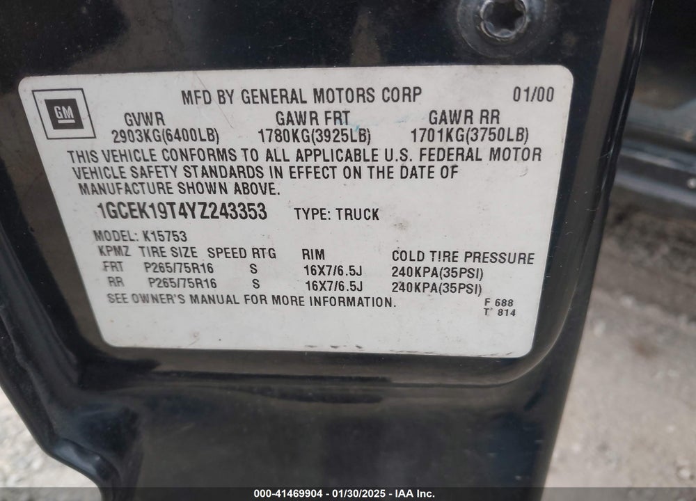 2000 CHEVROLET SILVERADO 1500 LS VIN: 1GCEK19T4YZ243353