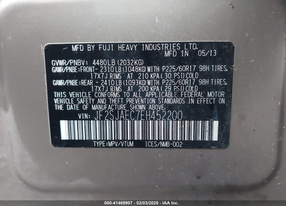 2014 SUBARU FORESTER VIN: JF2SJAEC7EH452200