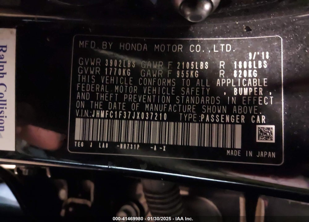 2018 HONDA CIVIC VIN: JHMFC1F37JX037210