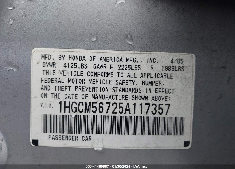 2005 HONDA ACCORD 2.4 EX VIN: 1HGCM56725A117357