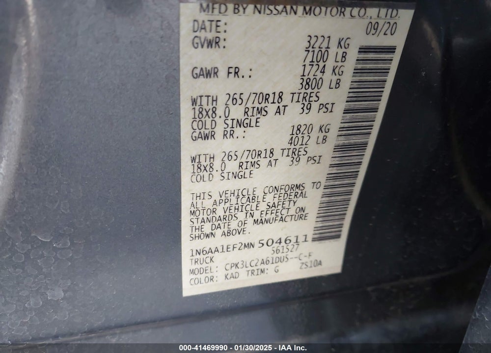 2021 NISSAN TITAN VIN: 1N6AA1EF2MN504611