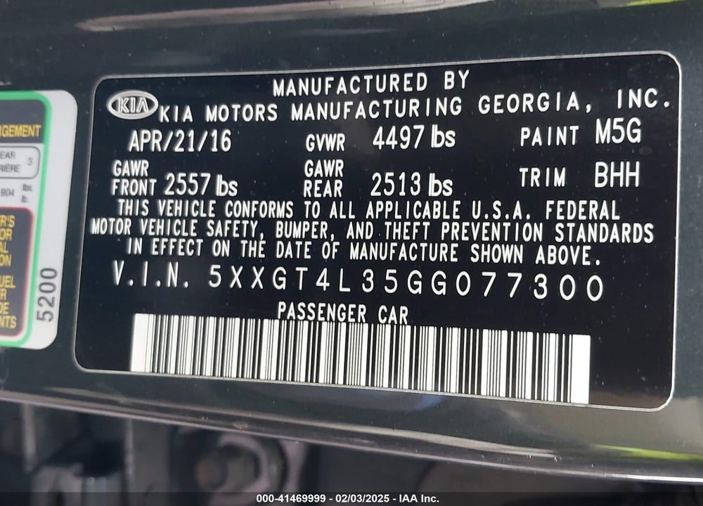 2016 KIA OPTIMA VIN: 5XXGT4L35GG077300