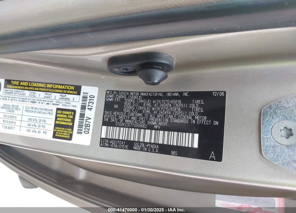 2007 TOYOTA SIENNA LE VIN: 5TDZK23C77S009062