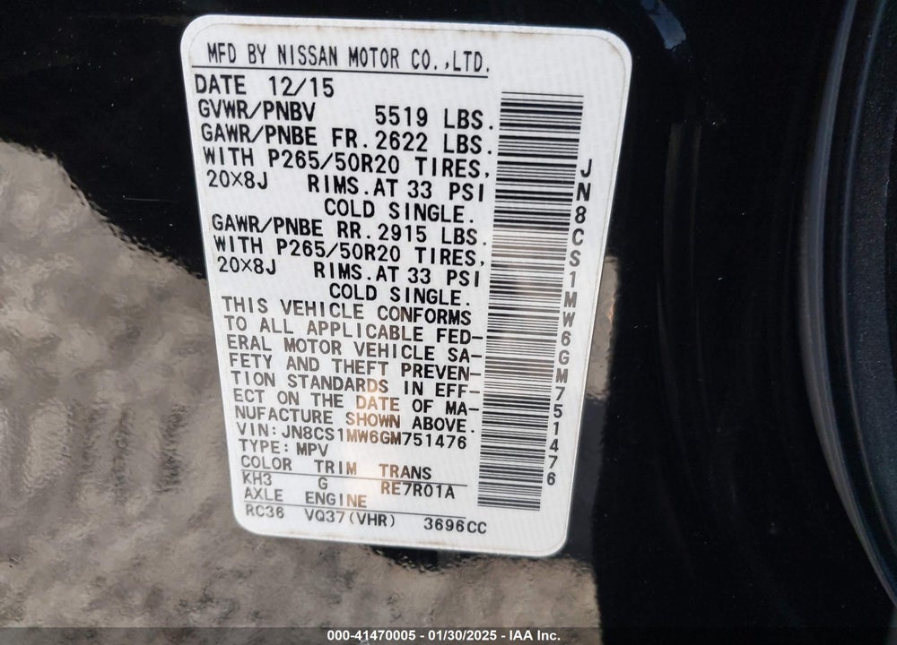 2016 INFINITI QX70 VIN: JN8CS1MW6GM751476