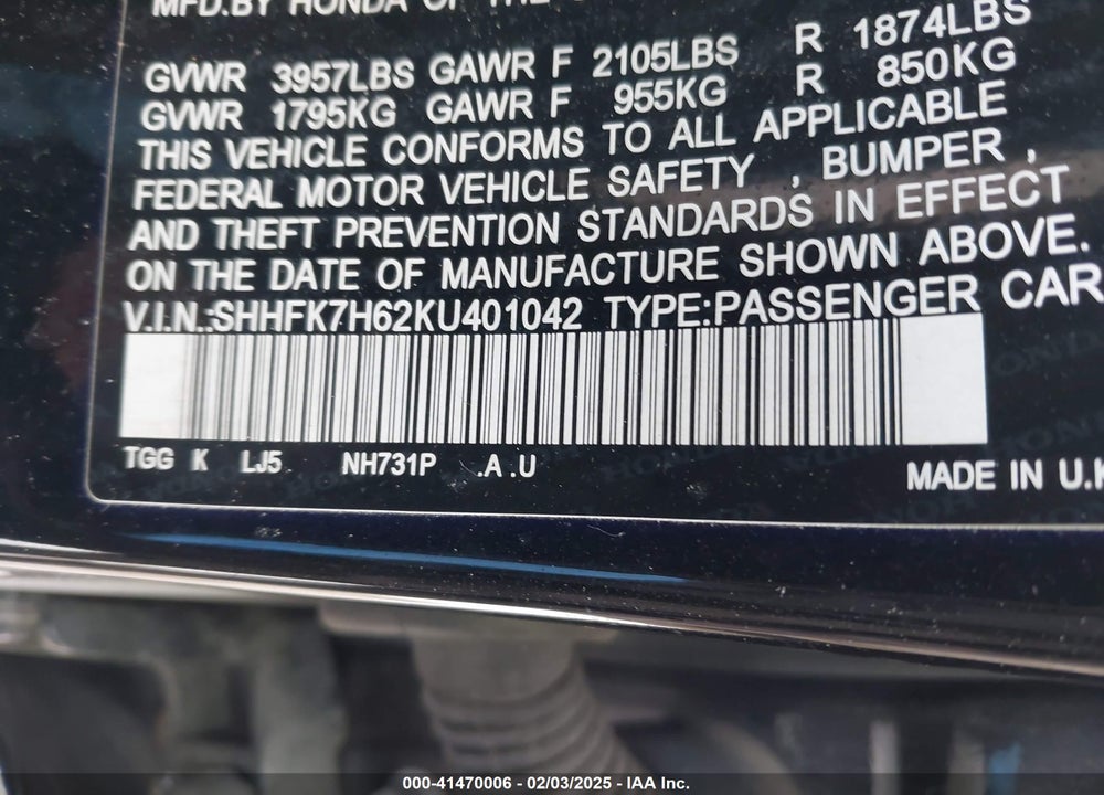 2019 HONDA CIVIC EX VIN: SHHFK7H62KU401042