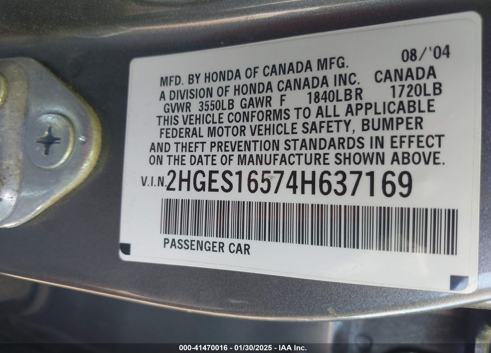 2004 HONDA CIVIC LX VIN: 2HGES16574H637169