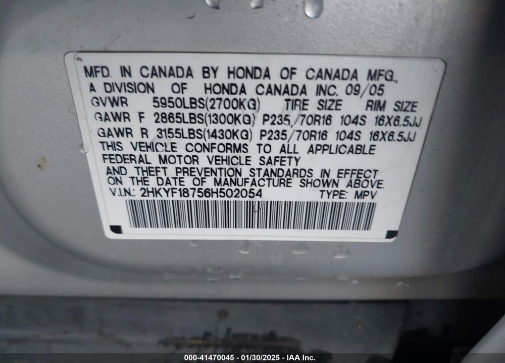 2006 HONDA PILOT EX-L VIN: 2HKYF18756H502054