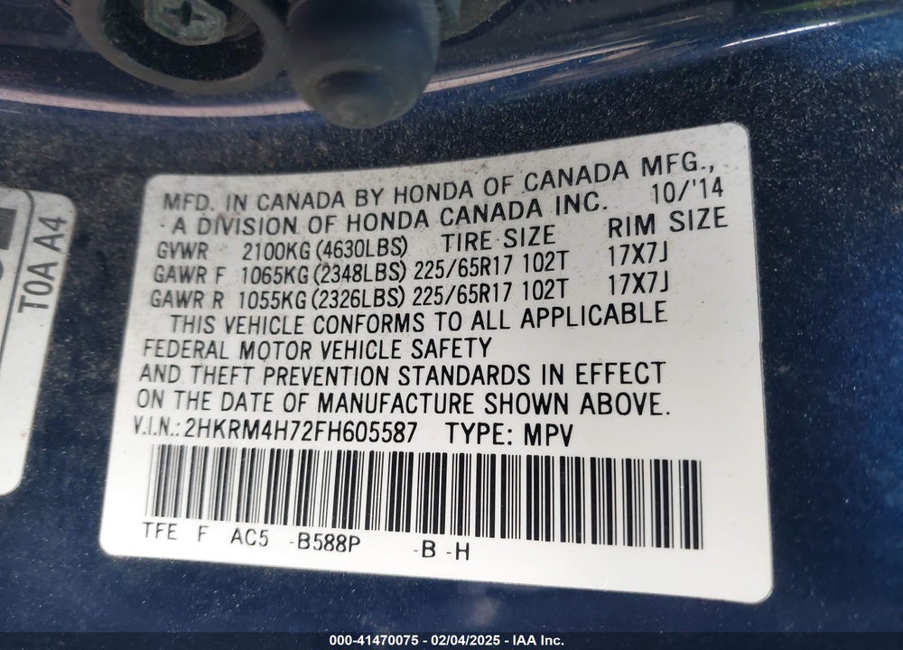 2015 HONDA CR-V VIN: 2HKRM4H72FH605587