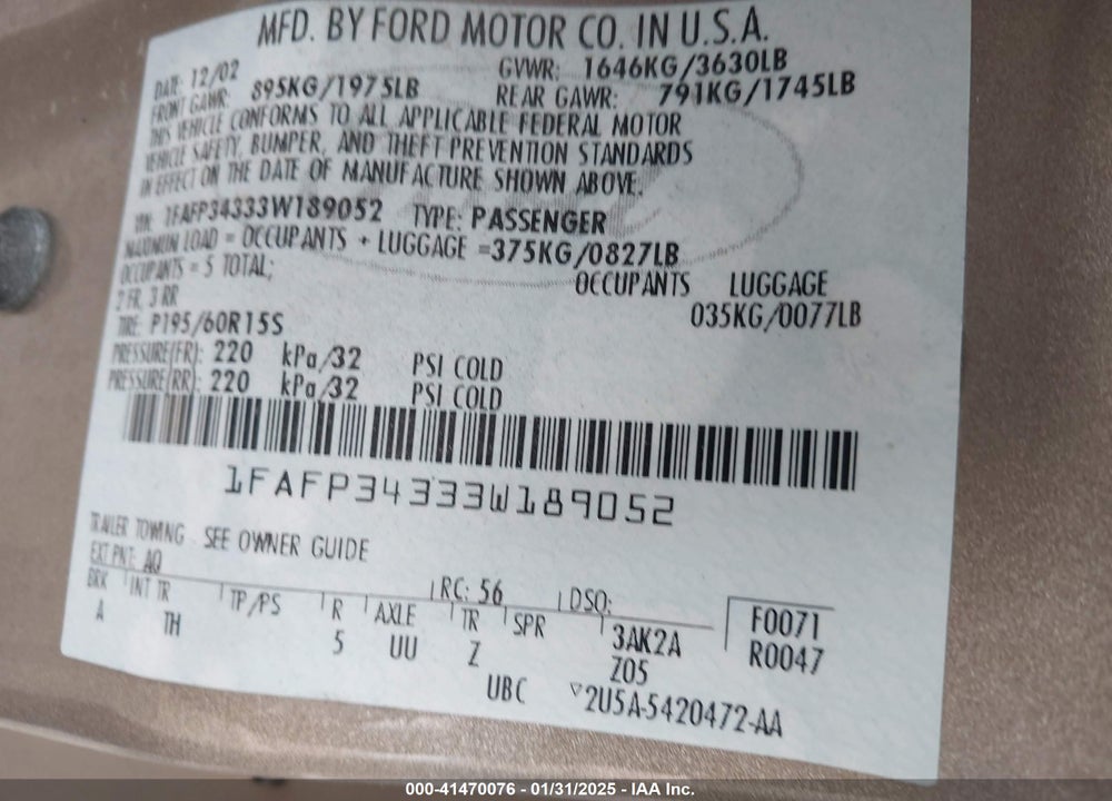 2003 FORD FOCUS SE VIN: 1FAFP34333W189052