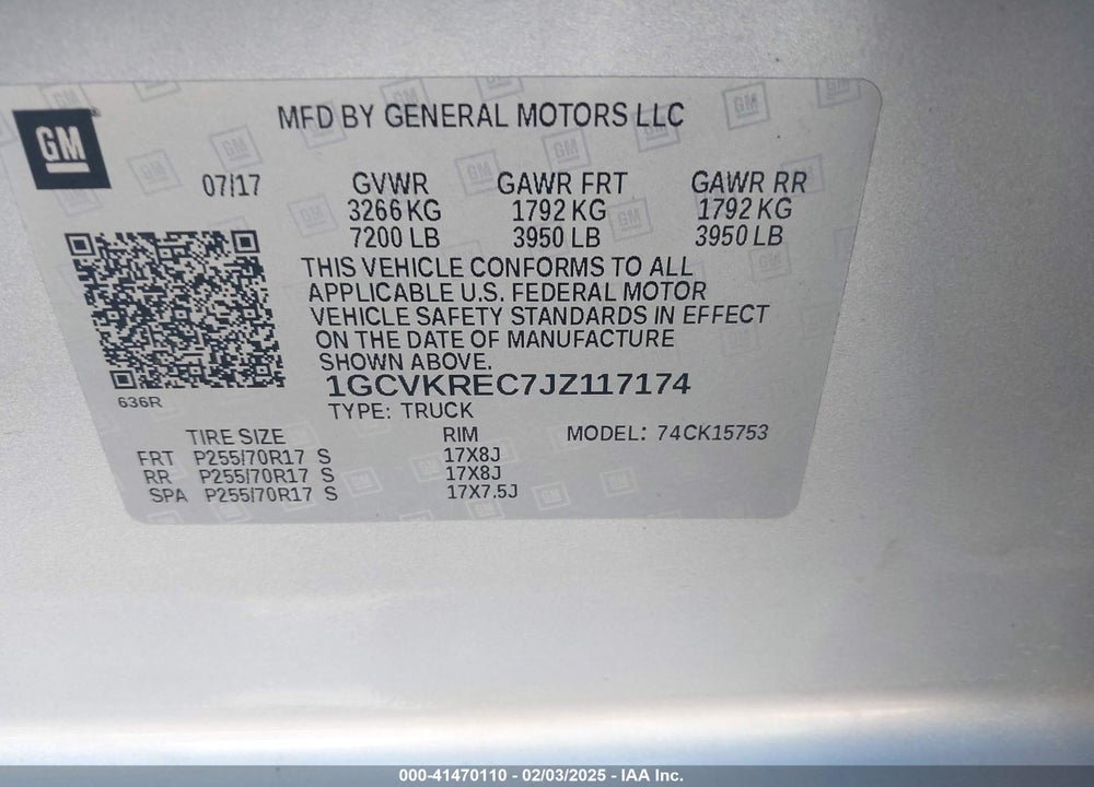 2018 CHEVROLET SILVERADO 1500 VIN: 1GCVKREC7JZ117174