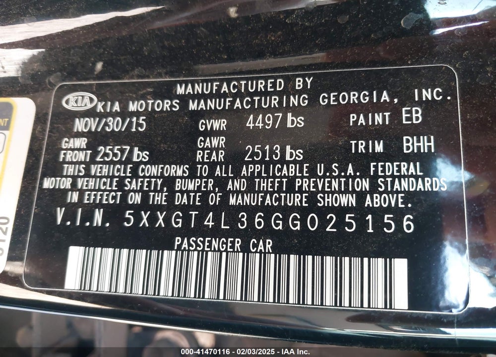 2016 KIA OPTIMA VIN: 5XXGT4L36GG025156